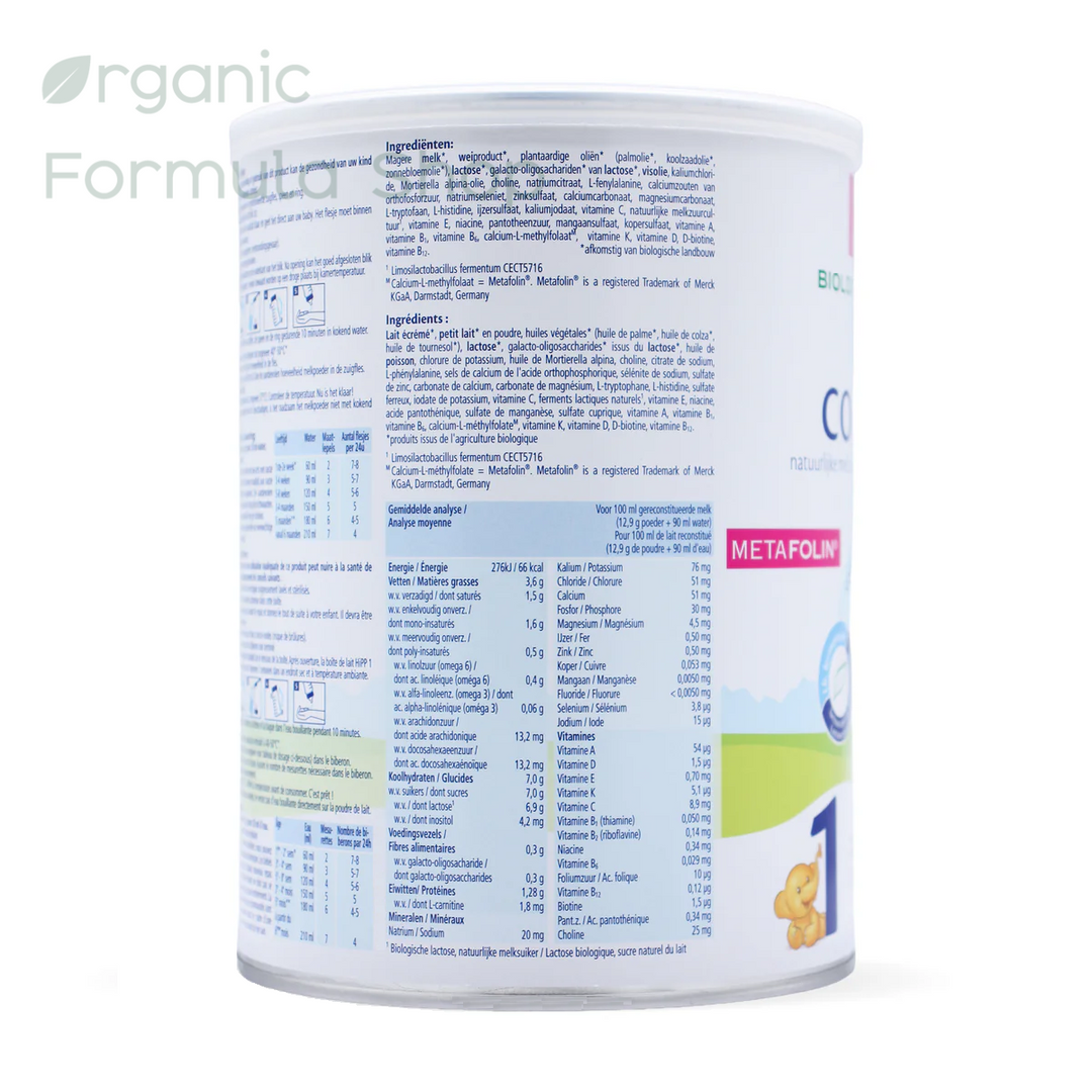 HiPP Dutch Stage 1 European organic baby formula, top view of tin showing the resealable lid and Bio Combiotik logo