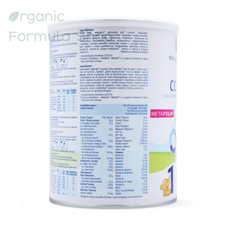 HiPP Dutch Stage 1 European organic baby formula, top view of tin showing the resealable lid and Bio Combiotik logo