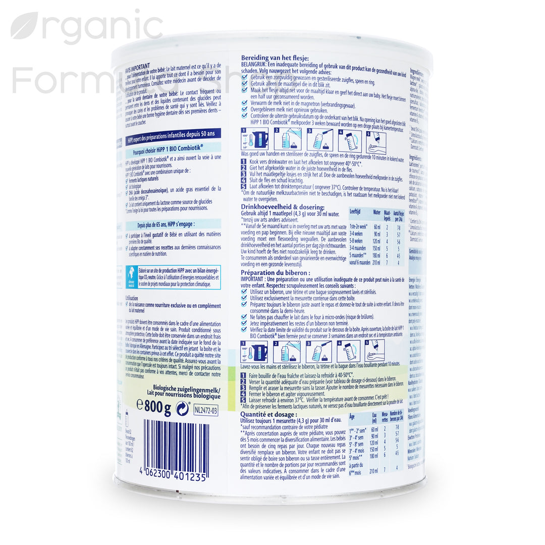 HiPP Dutch Stage 1 European organic baby formula tin, side view showing nutritional information and ingredients panel