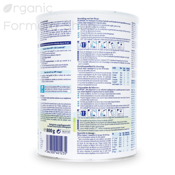 HiPP Dutch Stage 1 European organic baby formula tin, side view showing nutritional information and ingredients panel