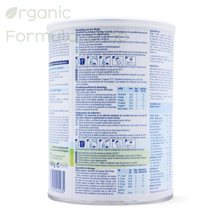 HiPP Dutch Stage 1 European organic baby formula tin, side view showing nutritional information and ingredients panel