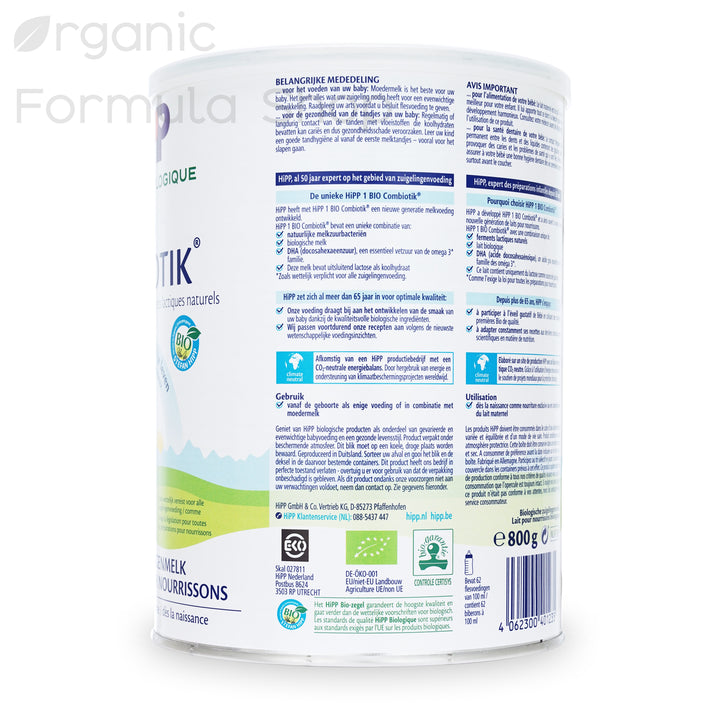 HiPP Dutch Stage 1 European organic baby formula tin, back of can with preparation instructions and feeding chart in Dutch