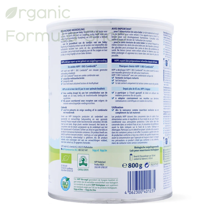 HiPP Dutch Stage 1 European organic baby formula, back of can with general info about product in Dutch and French