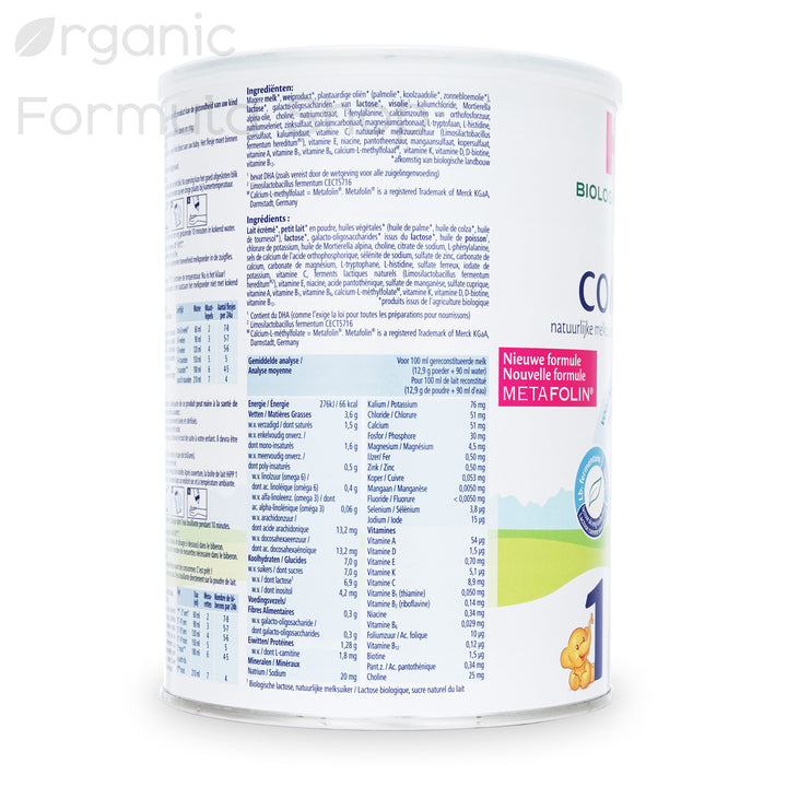 HiPP Dutch Stage 1 European organic baby formula, top view of tin showing the resealable lid and Bio Combiotik logo