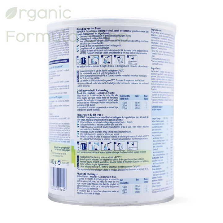 HiPP Dutch Stage 2 European organic baby formula can, side view showing nutritional information and ingredients panel. side of can
