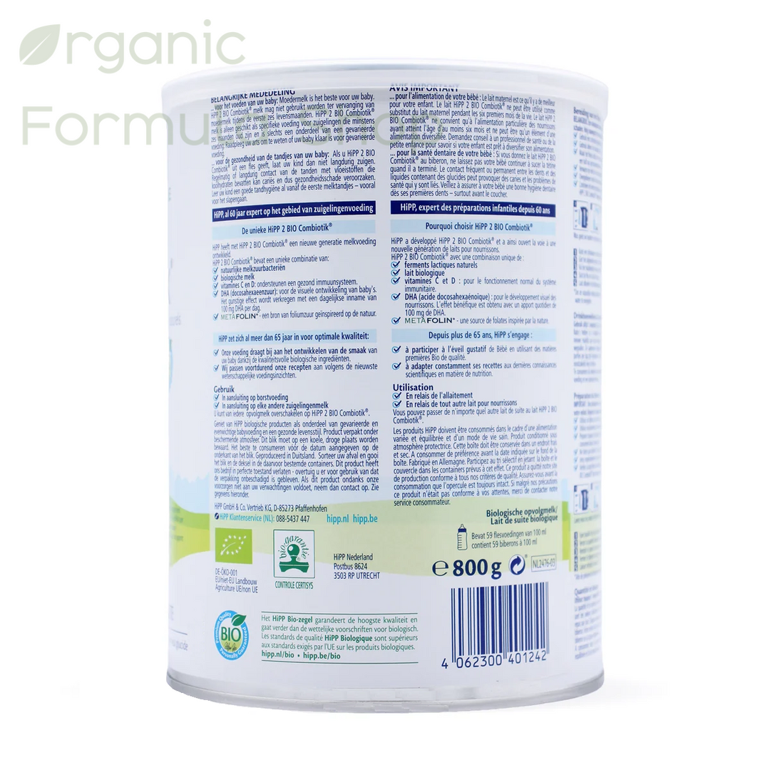 HiPP Dutch Stage 2 European organic baby formula can, back of can with extra inforamtion about the brand and  product in Dutch and French