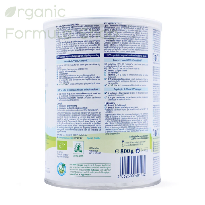 HiPP Dutch Stage 2 European organic baby formula can, back of can with extra inforamtion about the brand and  product in Dutch and French