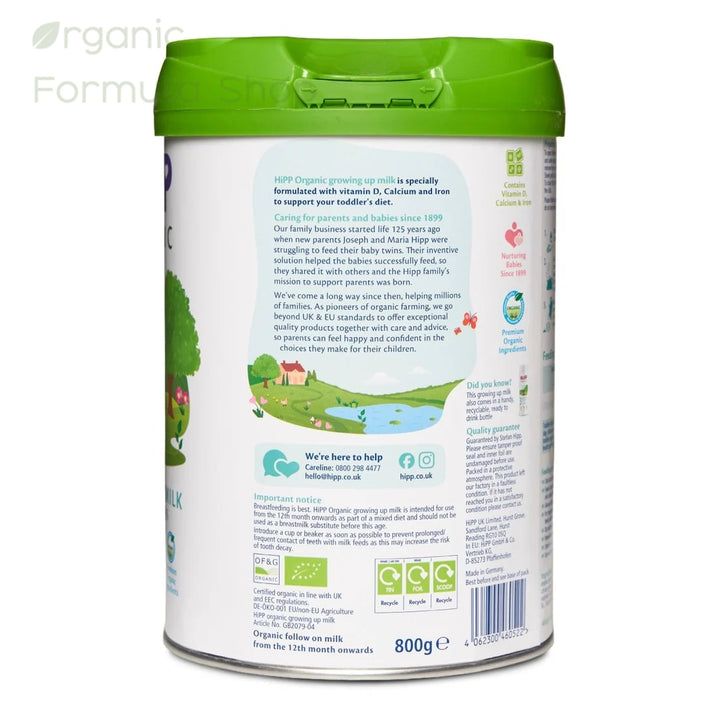 HiPP UK Stage 3 European organic toddler formula tin, side view showing nutritional information and ingredients panel in English