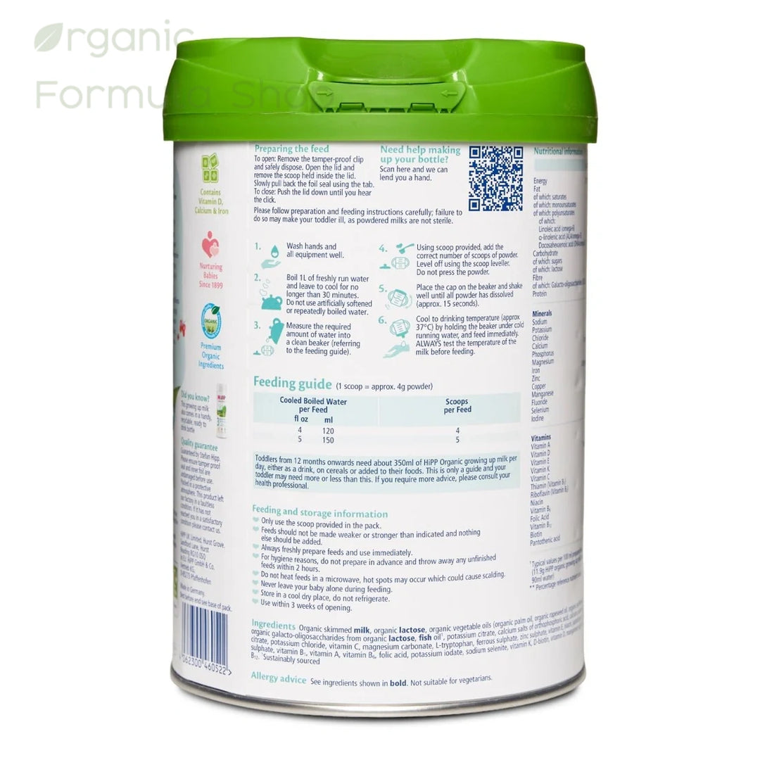 HiPP UK Stage 3 European organic toddler formula tin, back of can with preparation instructions and feeding chart in English