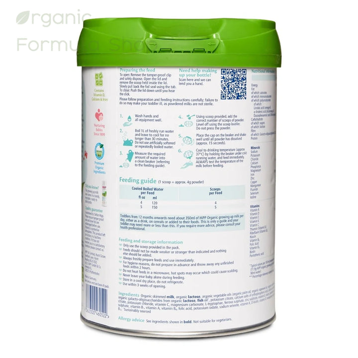 HiPP UK Stage 3 European organic toddler formula tin, back of can with preparation instructions and feeding chart in English