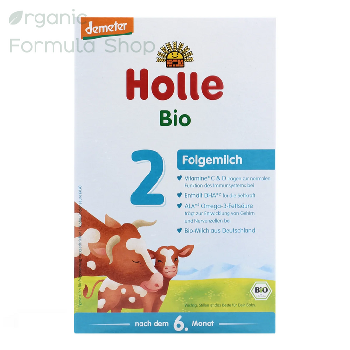 Holle Cow Stage 2 European organic follow-on baby formula in 600g box, front of package with Demeter biodynamic certification, for babies 6 to 10 months