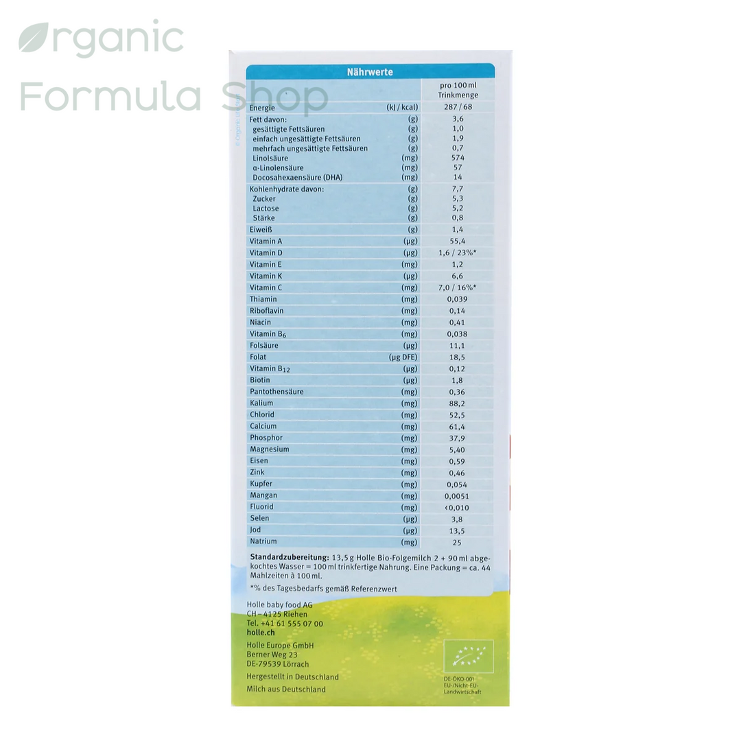 Holle Cow Stage 2 European organic baby formula box, back of package with preparation instructions and feeding chart in German