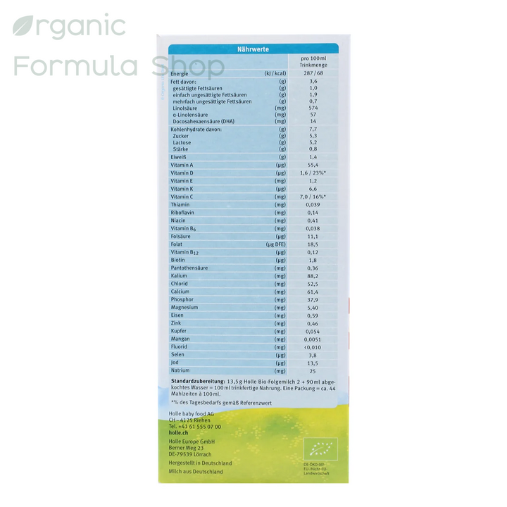 Holle Cow Stage 2 European organic baby formula box, back of package with preparation instructions and feeding chart in German