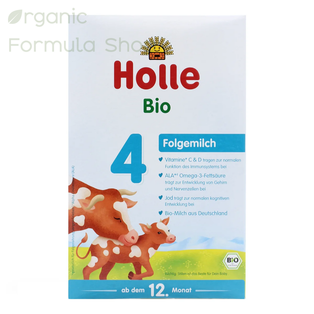 Holle Cow Stage 4 European organic toddler formula in 600g box, front of package with Demeter biodynamic certification, for children 12 to 24 months