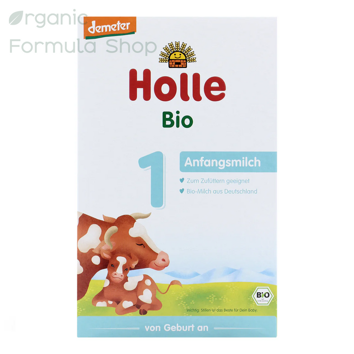 Holle Cow Stage 1 European organic baby formula in 400g box, front of package with Demeter biodynamic certification and Bio Organic, for babies 0 to 6 month 