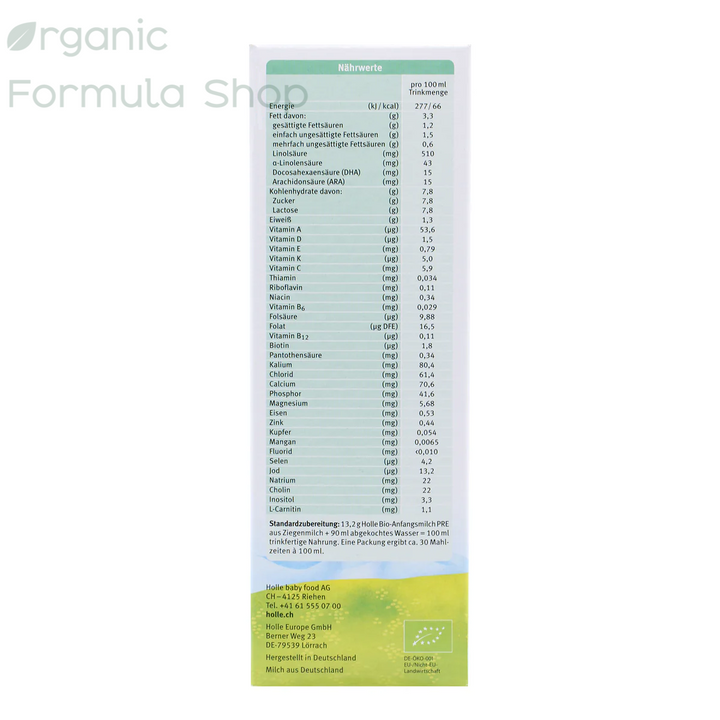 Holle Goat German Stage Pre European organic goat milk formula box, back of package with preparation instructions and feeding chart in German