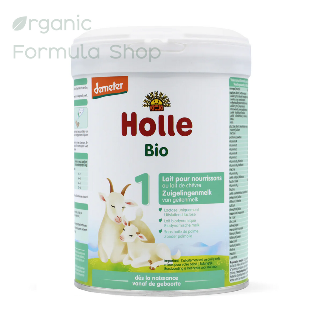 Holle Goat Dutch Stage 1 European organic baby formula in 800g tin, front of can with Demeter biodynamic certification, for babies birth to 6 months