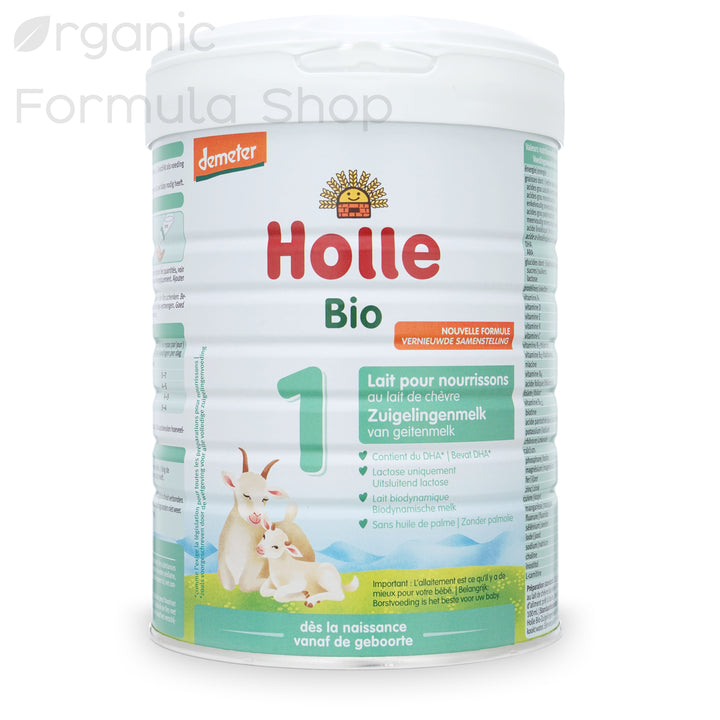Holle Goat Dutch Stage 1 European organic baby formula in 800g tin, front of can with Demeter biodynamic certification, for babies 0 to 6 months