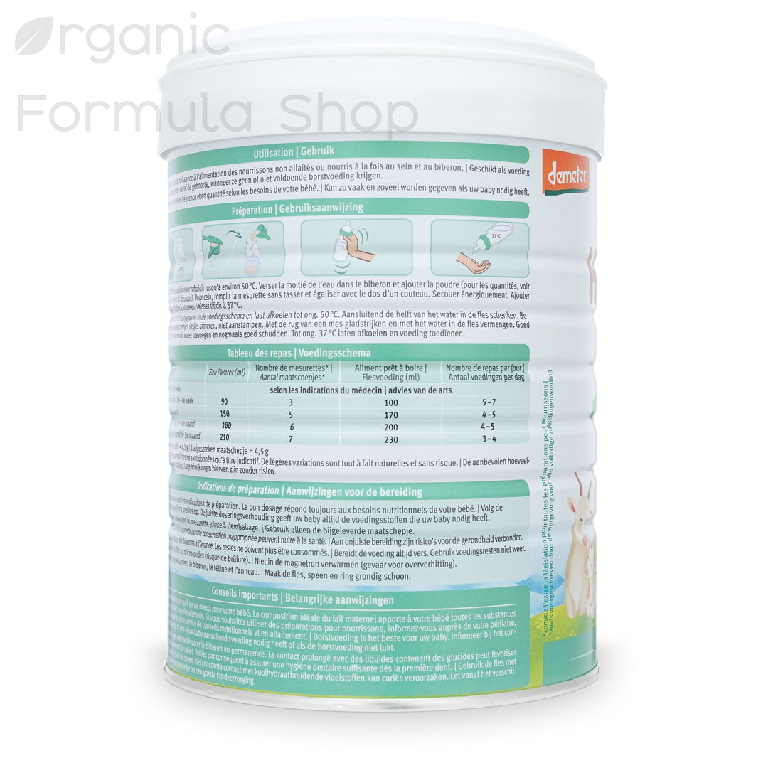 Holle Goat Dutch Stage 1 European organic goat milk formula tin, side view showing nutritional information and ingredients panel