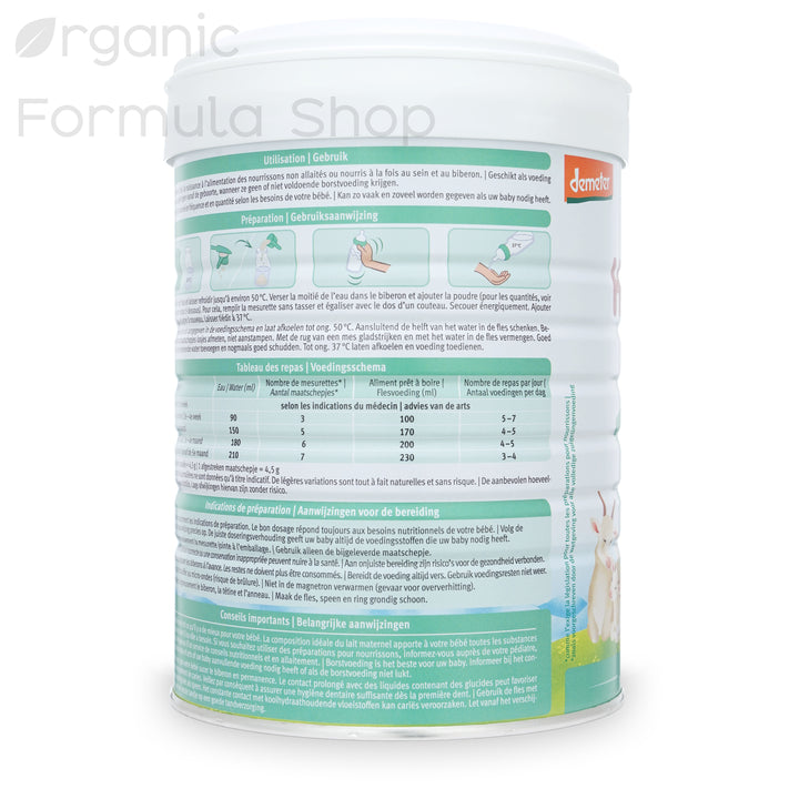 Holle Goat Dutch Stage 1 European organic goat milk formula tin, side view showing nutritional information and ingredients panel