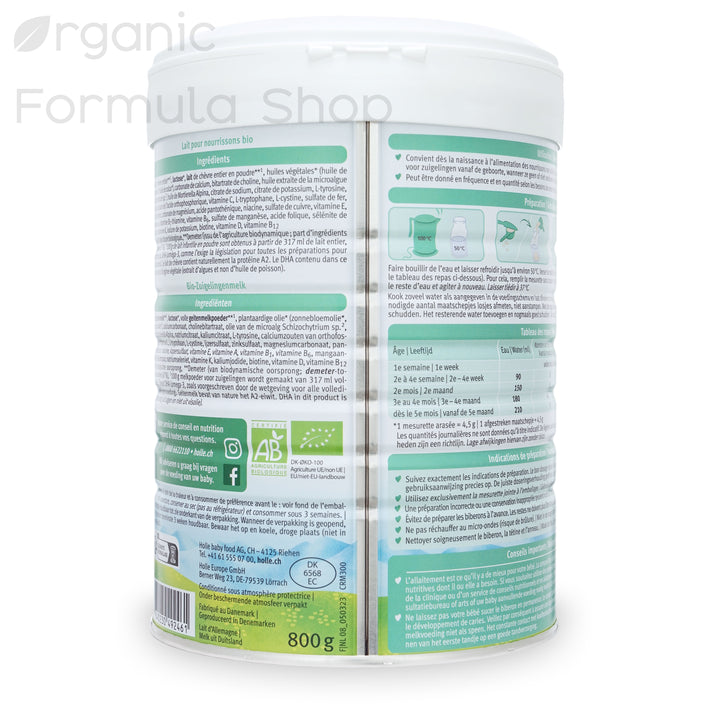 Holle Goat Dutch Stage 1 European organic goat milk formula tin, back of can with preparation instructions and feeding chart in Dutch