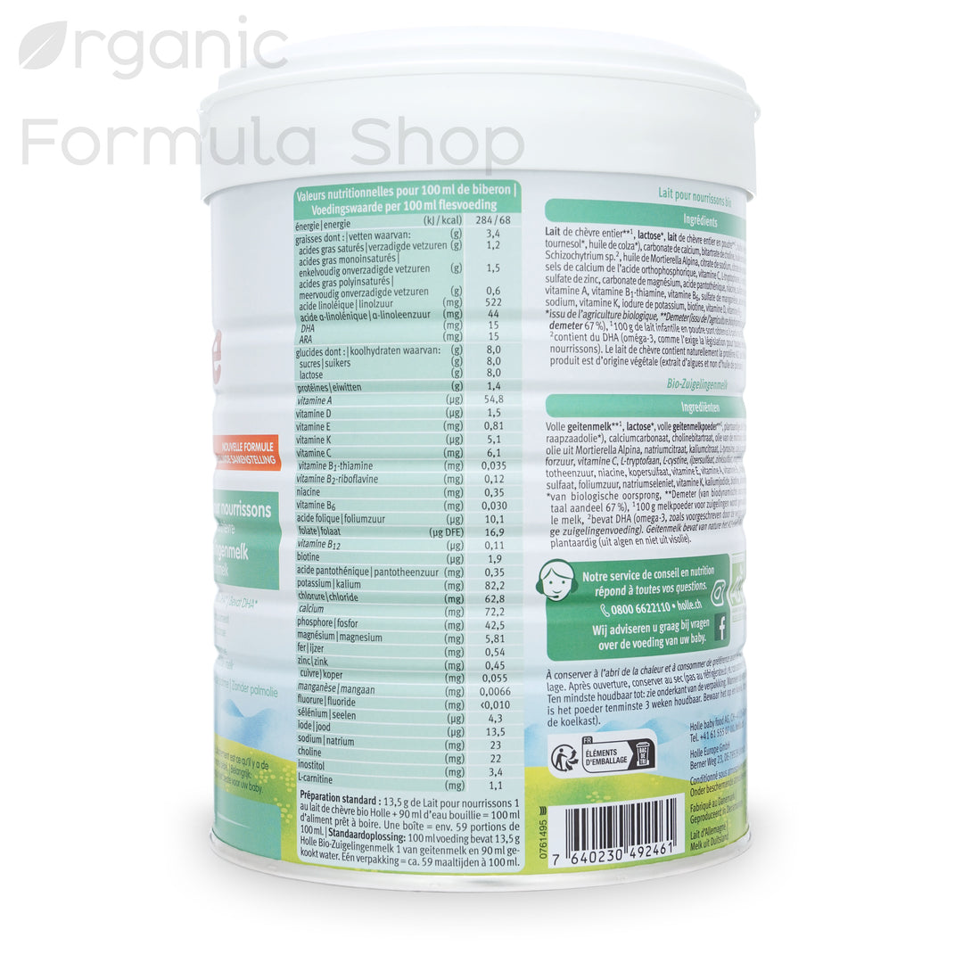 Holle Goat Dutch Stage 1 European organic goat milk formula, top view of tin showing the resealable lid with Holle branding