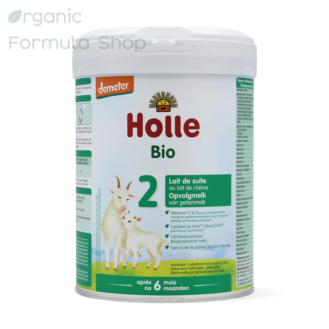 Holle Goat Dutch Stage 2 European organic follow-on goat milk formula in 800g can, front of can with Demeter biodynamic certification, for babies 6 to 10 months