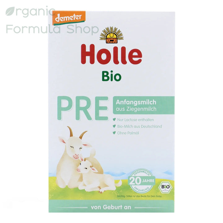 Holle Goat German Stage Pre European organic goat milk newborn formula in 400g box, front of package with Demeter biodynamic certification, suitable from birth