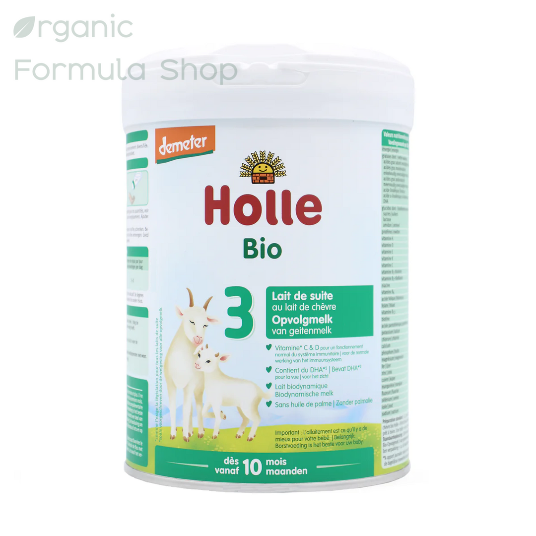 Holle Goat Dutch Stage 3 European organic toddler goat milk formula in 800g can. Front of can with Demeter biodynamic certification, for toddlers 10 months and older