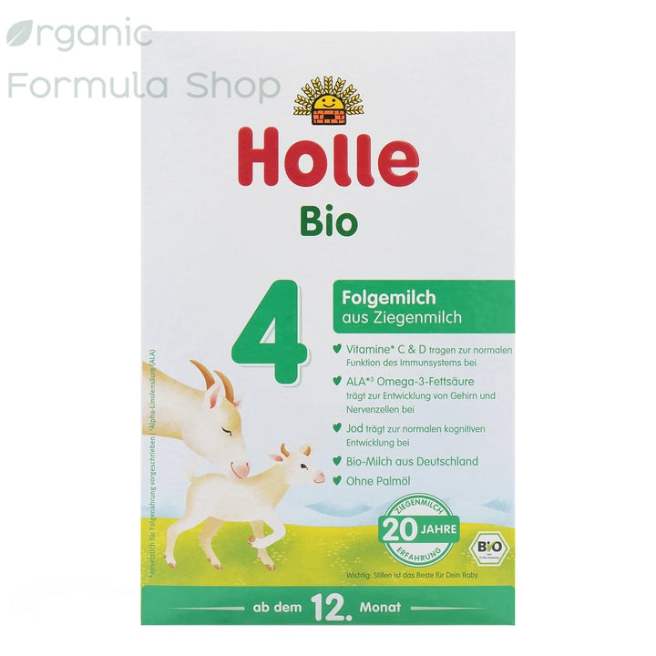 Holle Goat German Stage 4 European organic goat milk toddler formula in 400g box, front of package with Demeter biodynamic certification, for children 12 months and older