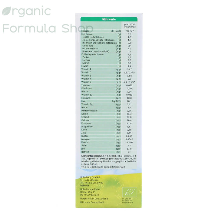 Holle Goat German Stage 3 European organic goat milk toddler formula box, back of package with preparation instructions and feeding chart in German