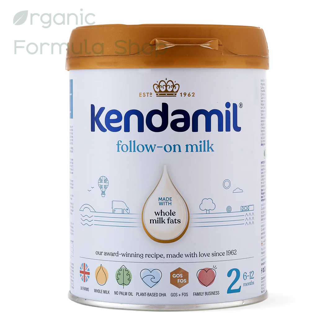 Kendamil UK Classic Cow Stage 2 European palm-oil-free whole milk follow-on formula in 800g tin, front of can, for babies 6 to 12 months
