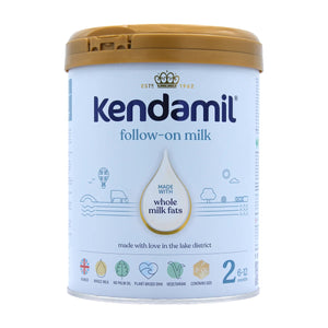 A container of Kendamil follow-on milk formula for babies, Stage 2, with a capacity of 800 grams, indicated for children 6-12 months old.