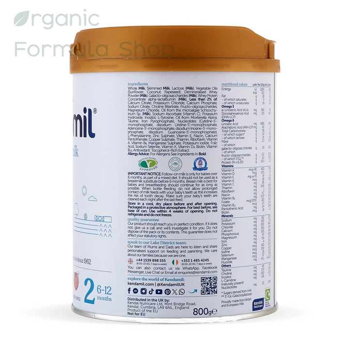 Kendamil UK Classic Cow Stage 2 European palm-oil-free whole milk follow-on formula in 800g tin, side of can, for babies 6 to 12 months. showing the detailed ingredient and usage instructions on the side label. The can features a white body with a brown lid.