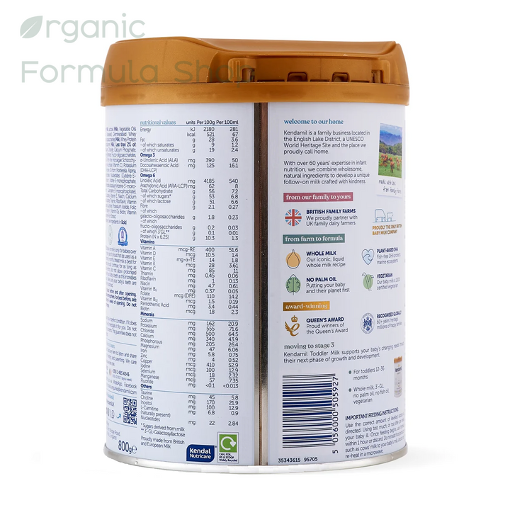 Kendamil UK Classic Cow Stage 2 European palm-oil-free whole milk follow-on formula in 800g tin, front of can, for babies 6 to 12 months.  showing the back panel with nutritional information, ingredients, and brand details, set against a plain white background.