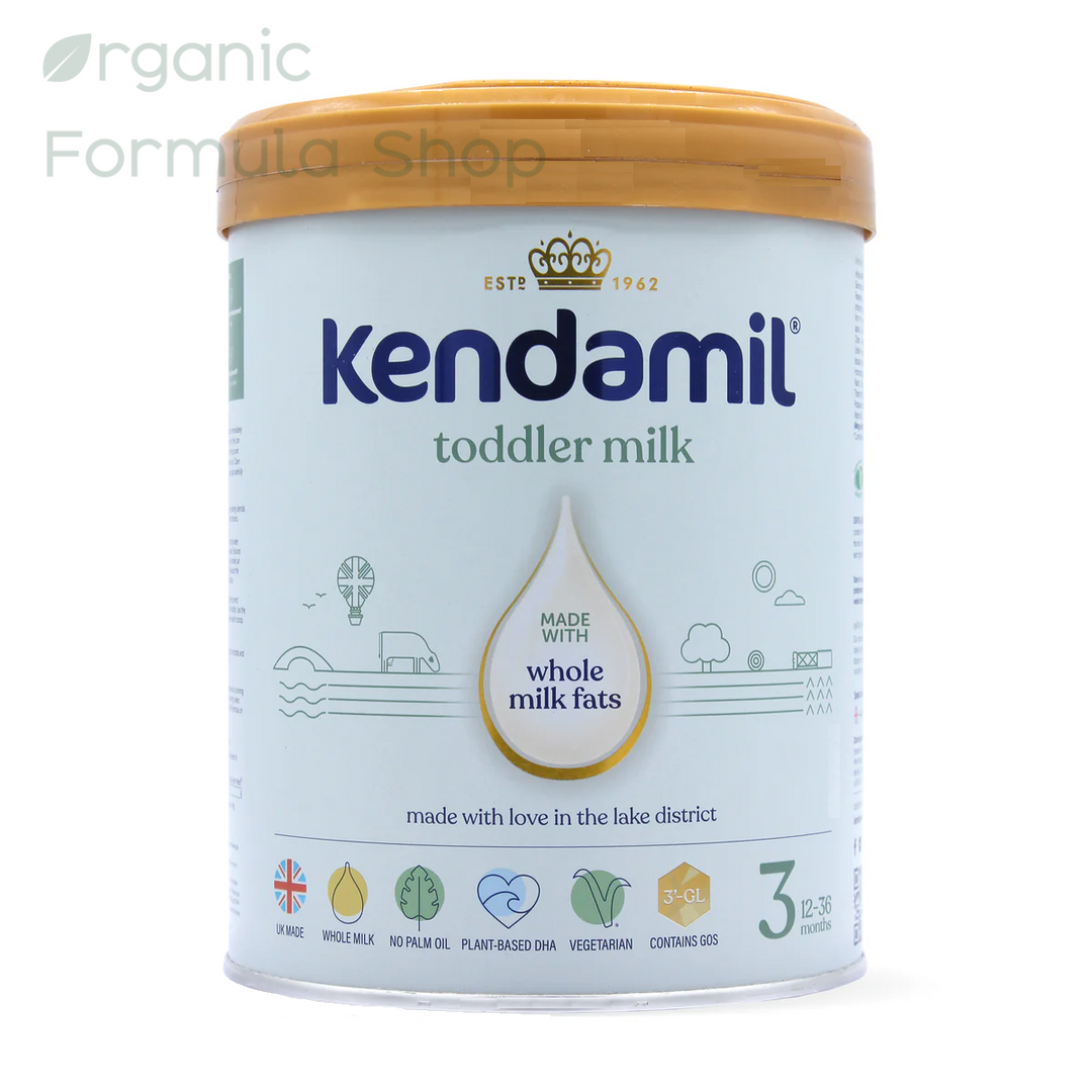 Kendamil UK Classic Cow Stage 3 palm-oil-free European whole milk toddler formula in 800g tin, front of can, for toddlers 12 to 36 months