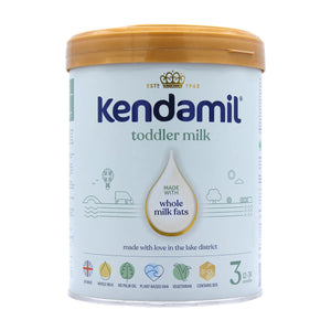 A container of Kendamil toddler milk formula, Stage 3, with the label showing the brand name and the text 'made with whole milk fats', indicating it is designed for babies 12+ months old, 800gr size.