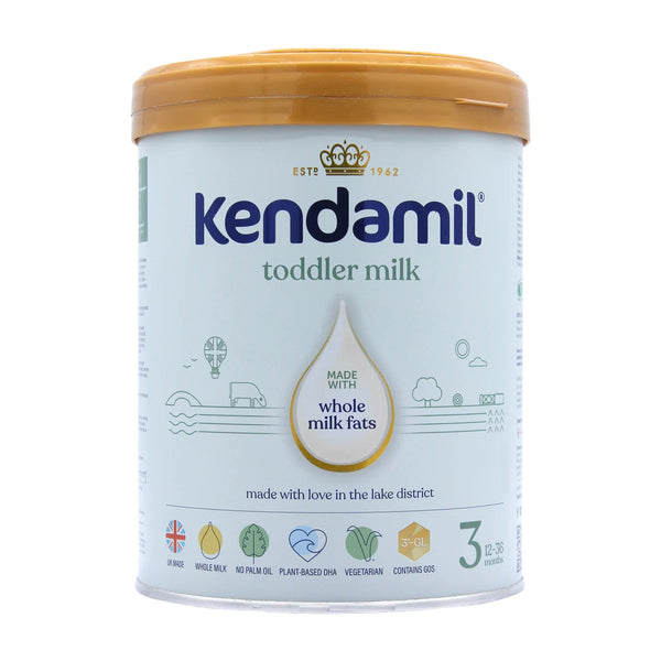 Load image into Gallery viewer, A container of Kendamil toddler milk formula, Stage 3, with the label showing the brand name and the text &#39;made with whole milk fats&#39;, indicating it is designed for babies 12+ months old, 800gr size.
