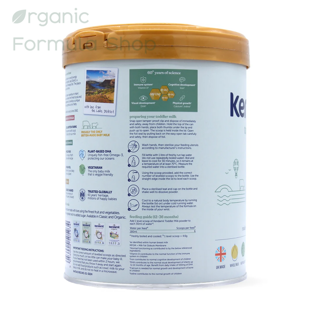 Kendamil UK Classic Cow Stage 3 palm-oil-free European whole milk toddler formula in 800g tin, side of can, for toddlers 12 to 36 months showing feeding instructions