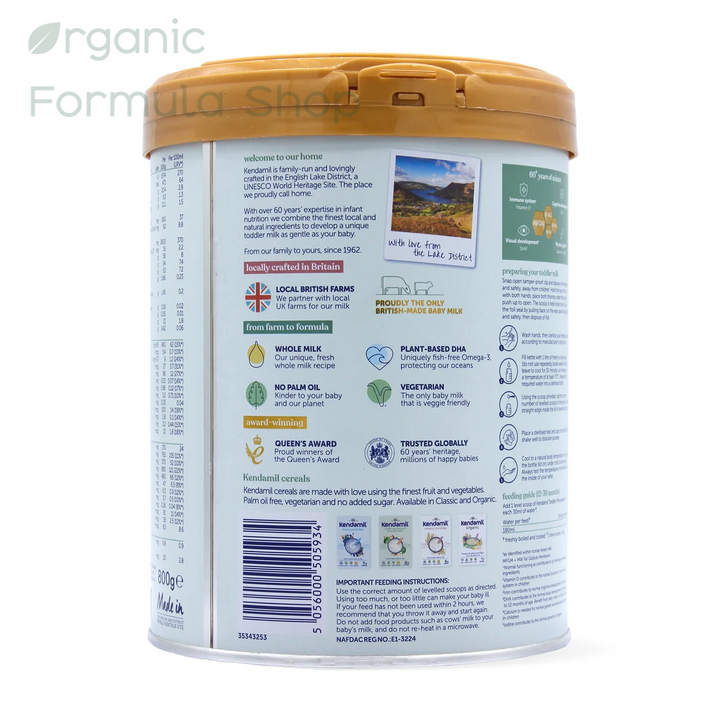 Kendamil UK Classic Cow Stage 3 palm-oil-free European whole milk toddler formula in 800g tin, side of can, for toddlers 12 to 36 months showing USP's of product and brand