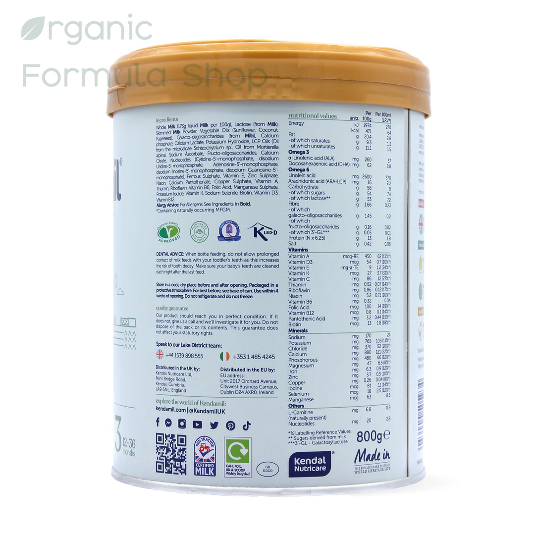 Kendamil UK Classic Cow Stage 3 palm-oil-free European whole milk toddler formula in 800g tin, front of can, for toddlers 12 to 36 months showing nutrition information and ingredients