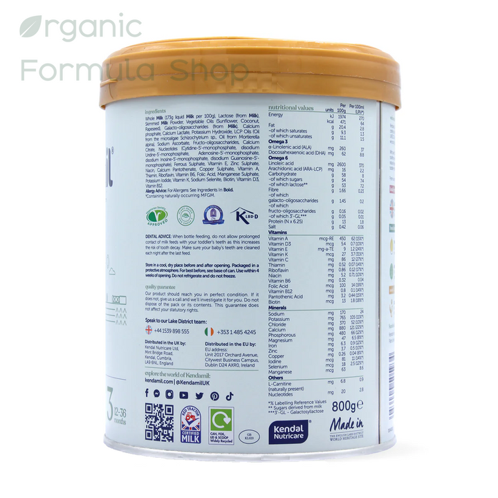 Kendamil UK Classic Cow Stage 3 palm-oil-free European whole milk toddler formula in 800g tin, front of can, for toddlers 12 to 36 months showing nutrition information and ingredients