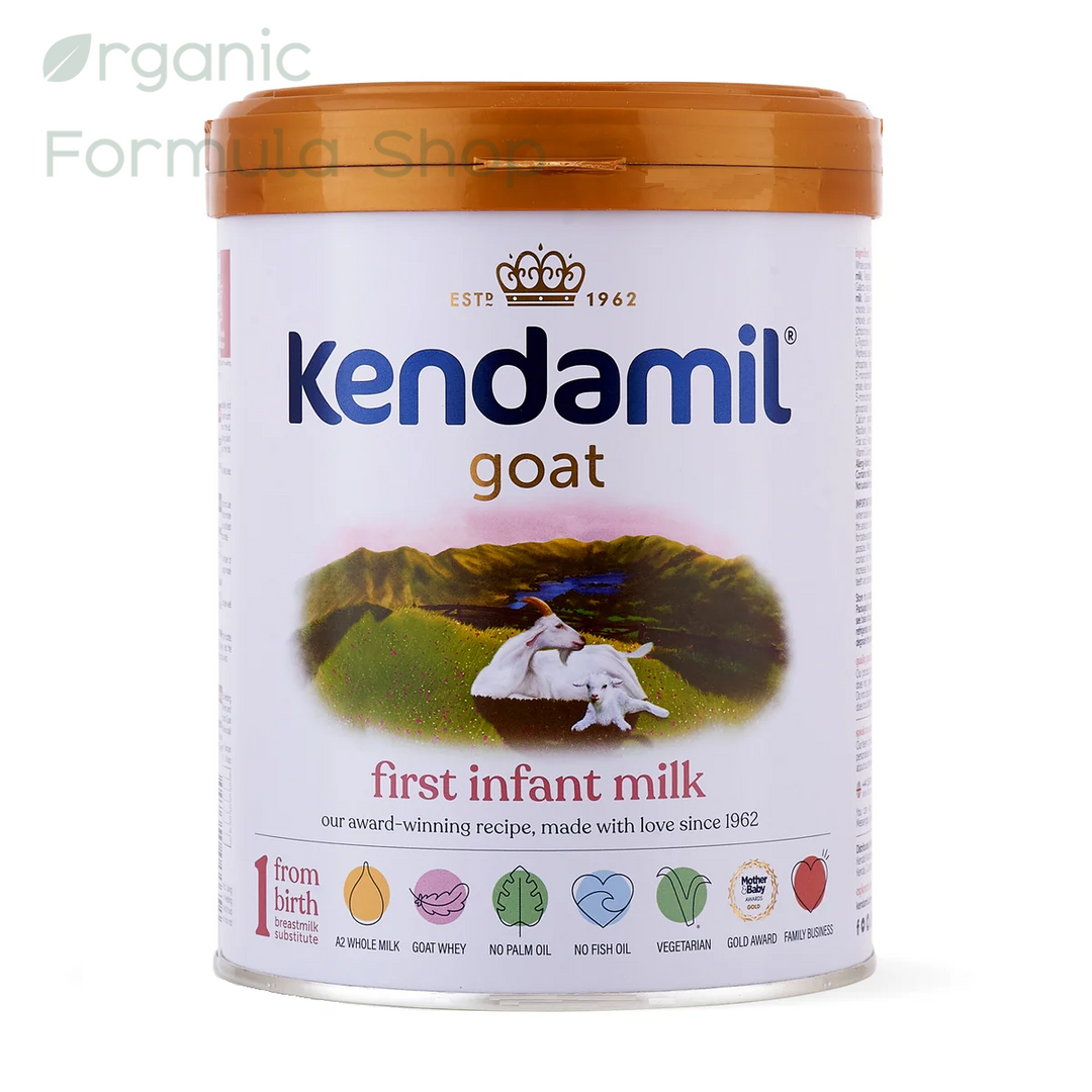 Kendamil UK Goat Stage 1 European palm-oil-free A2 goat milk baby formula in 800g tin, front of can, for babies 0 to 6 months. A canister of Kendamil goat first infant milk powder, featuring a white label with a brown lid, set against a plain white background.