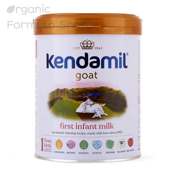 Kendamil UK Goat Stage 1 European palm-oil-free A2 goat milk baby formula in 800g tin, front of can, for babies 0 to 6 months. A canister of Kendamil goat first infant milk powder, featuring a white label with a brown lid, set against a plain white background.