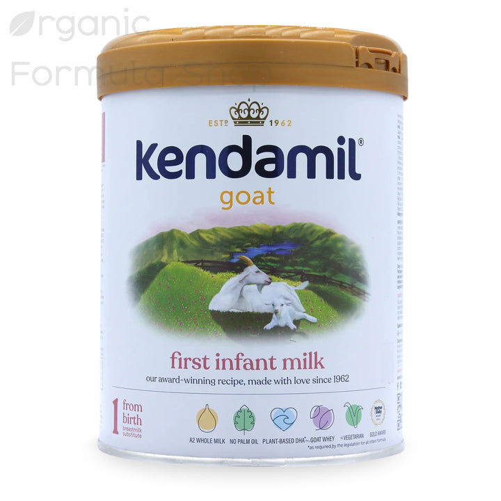 Kendamil UK Goat Stage 1 European palm-oil-free A2 goat milk baby formula in 800g tin, front of can, for babies 0 to 6 months