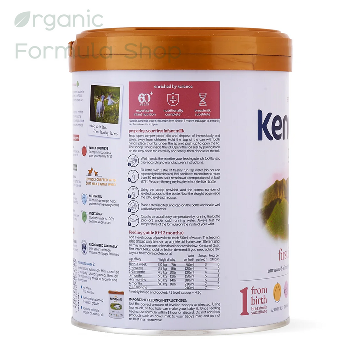 Side of can of Kendamil UK Goat Stage 1 European palm-oil-free A2 goat milk baby formula in 800g tin,  for babies 0 to 6 months. formula with a brown lid and a white label showing feeding instructions and product details, photographed on a white background 
