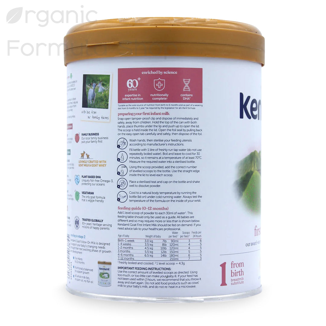 Kendamil UK Goat Stage 1 European goat milk formula tin, side view showing nutritional information and ingredients panel in English