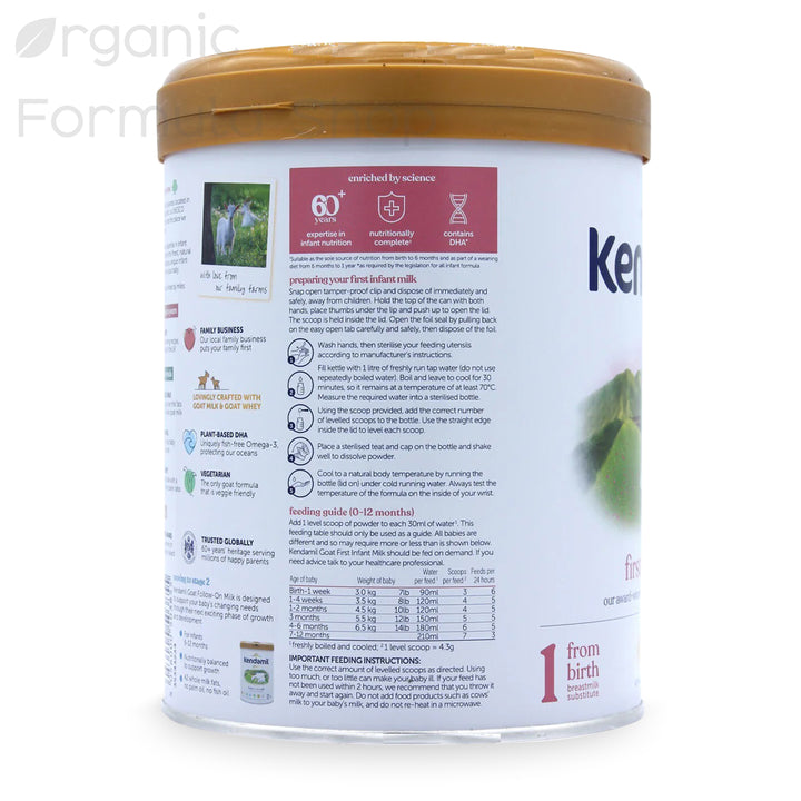 Kendamil UK Goat Stage 1 European goat milk formula tin, side view showing nutritional information and ingredients panel in English
