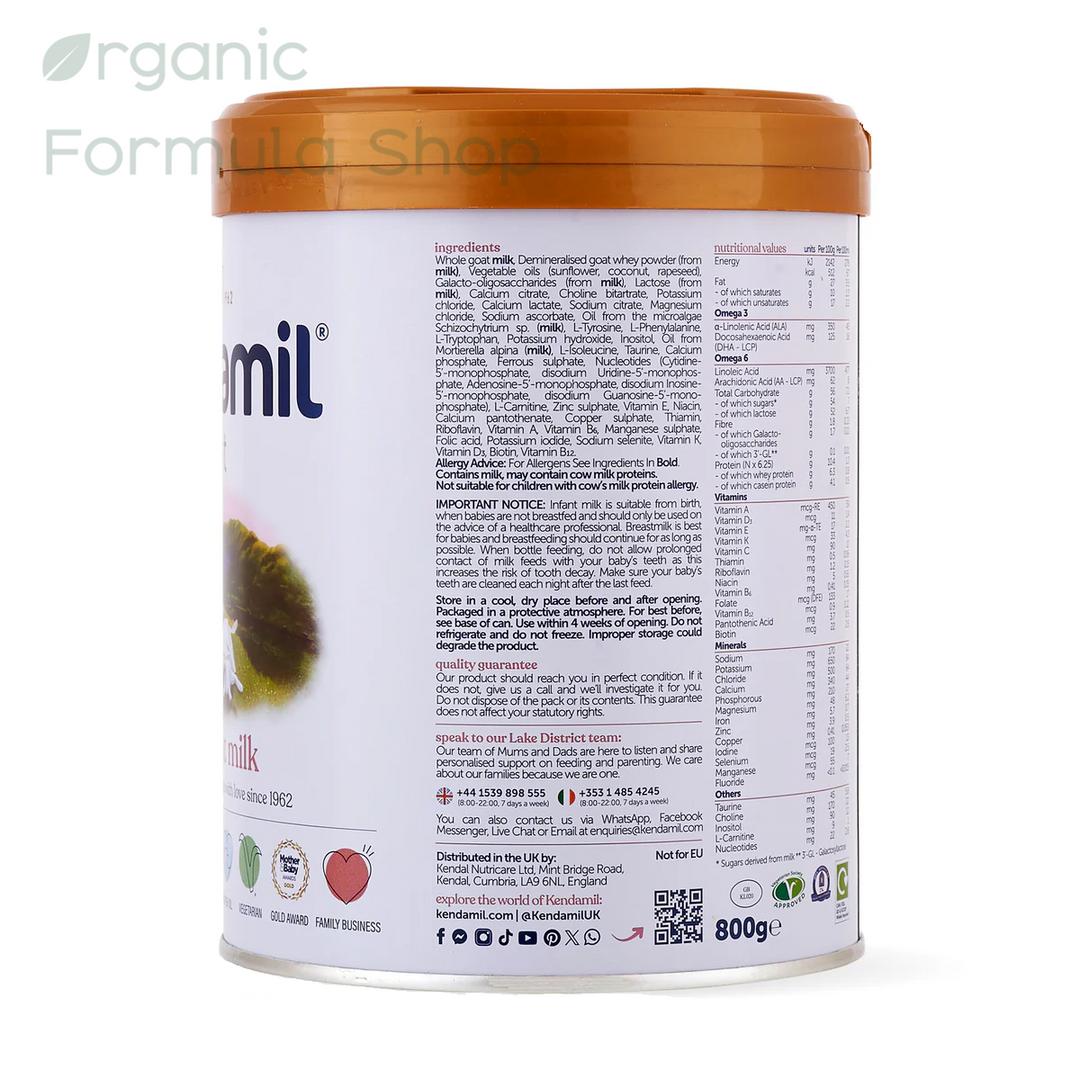 Side of can of Kendamil UK Goat Stage 1 European palm-oil-free A2 goat milk baby formula in 800g tin, for babies 0 to 6 months.  showing the back label with ingredients, nutritional information, and storage instructions, set against a plain white background with a store watermark.