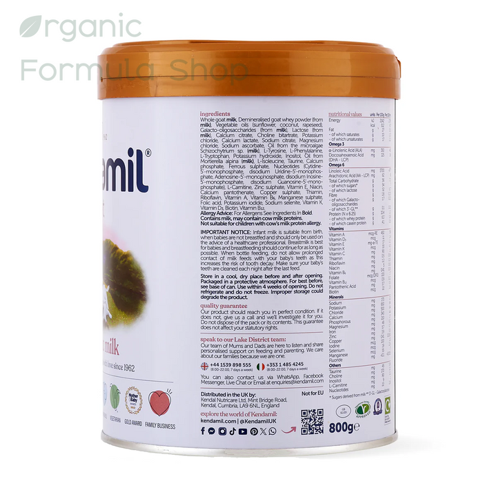 Side of can of Kendamil UK Goat Stage 1 European palm-oil-free A2 goat milk baby formula in 800g tin, for babies 0 to 6 months.  showing the back label with ingredients, nutritional information, and storage instructions, set against a plain white background with a store watermark.